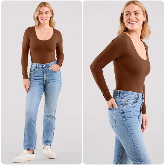 nuuds Long Sleeve Scoop Neck Bodysuit in Chocolate | Medium - Picture 1 of 8